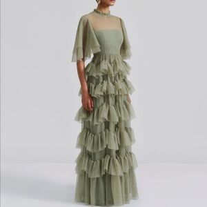 Elegant Sage Ruffle Maxi Dress